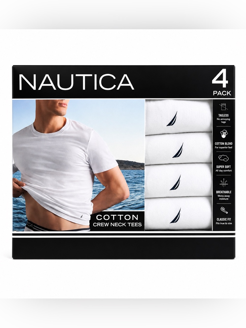 Nautica Men's 4 Pack White Crew Neck T Shirts Cotton Blend Classic Fit L New